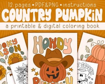Country Pumpkin Halloween Digital Coloring Book, Printable Coloring Pages, Kids Fall Coloring Book, Coloring For Adults, Easy To Color Pages