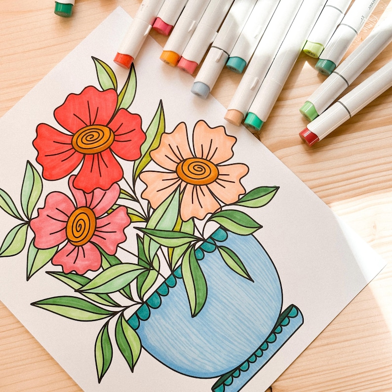 May include: A hand-drawn illustration of a bouquet of flowers in a blue vase with a white scalloped rim. The flowers are pink, red, and orange with yellow centers. The leaves are green.
