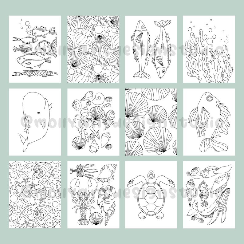 May include: A set of ten black and white coloring pages featuring various sea creatures and ocean-themed patterns. The pages include a whale, fish, seahorse, turtle, seashells, coral, and starfish.