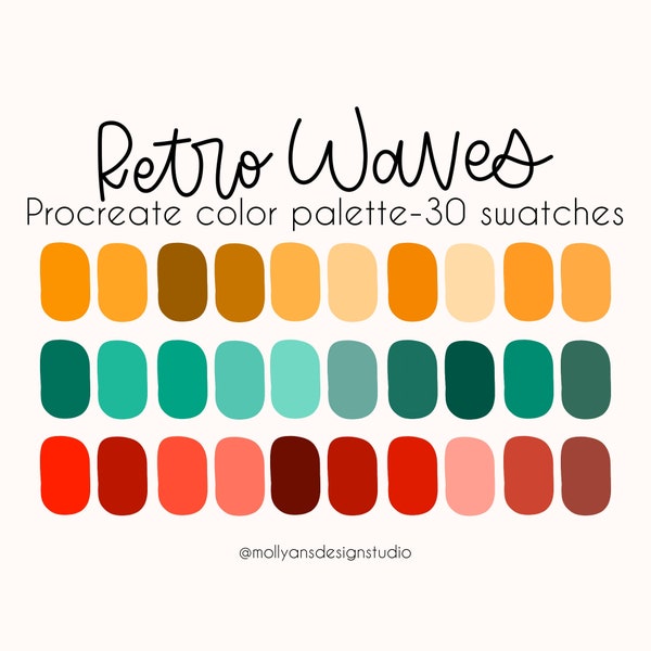 Retro Waves Procreate Color Palette, 30 Swatches, Bold Branding Palette, Bright Retro Color Palette, Retro Colors, Beach Color Palette