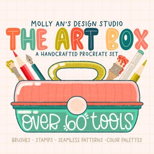 May include: A colorful illustration of an art box with the text "The Art Box" and "Over 60 Tools" on it. The box is filled with various art supplies, including brushes, pencils, and markers. The text "A Handcrafted Procreate Set" is also included.