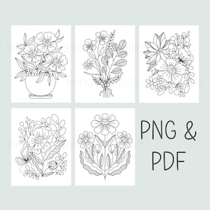 May include: Four black and white line drawings of floral bouquets. The first bouquet is in a pot. The second bouquet is tied with a ribbon. The third bouquet is a cluster of flowers. The fourth bouquet has a butterfly. The text "PNG & PDF" is in the bottom right corner.