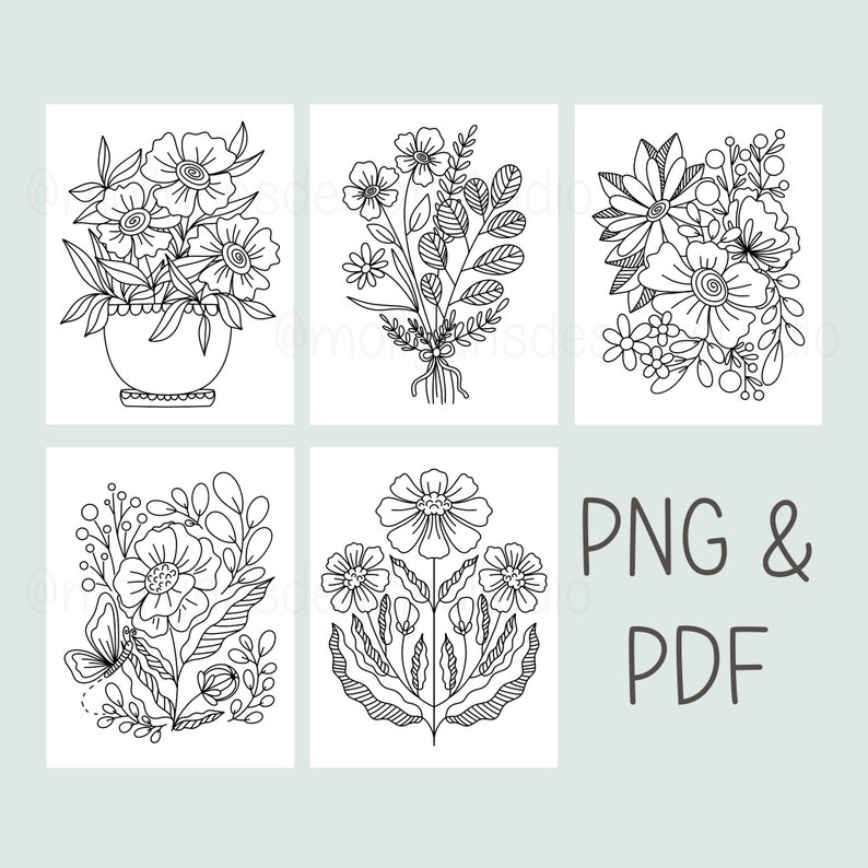 May include: Four black and white line drawings of floral bouquets. The first bouquet is in a pot. The second bouquet is tied with a ribbon. The third bouquet is a cluster of flowers. The fourth bouquet has a butterfly. The text "PNG & PDF" is in the bottom right corner.