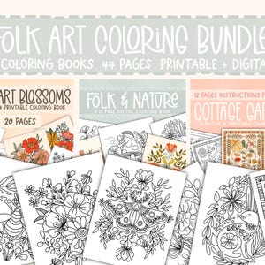 Folk Art Coloring Book Bundle, Printable Coloring Sheets, Easy To Color Pages, Adult Coloring Books, Coloring For Kids, Nature Coloring Book