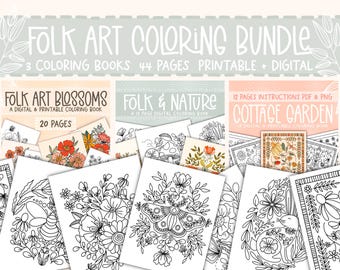 Folk Art Coloring Book Bundle, Printable Coloring Sheets, Easy To Color Pages, Adult Coloring Books, Coloring For Kids, Nature Coloring Book