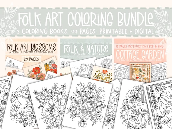 Folk Art Coloring Book Bundle, Printable Coloring Sheets, Easy To Color Pages, Adult Coloring Books, Coloring For Kids, Nature Coloring Book
