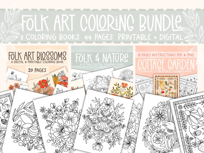 May include: A Folk Art Coloring Bundle featuring three coloring books with 44 pages. The bundle includes digital and printable coloring books with floral and nature-themed designs. The titles include "Folk Art Blossoms", "Folk & Nature", and "Cottage Garden".