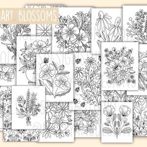 May include: A collection of black and white floral illustrations, featuring various flower arrangements, bouquets, and individual blooms. The phrase "FOLK ART BLOSSOMS" is displayed at the top. The drawings are detailed and suitable for coloring or decorative purposes.