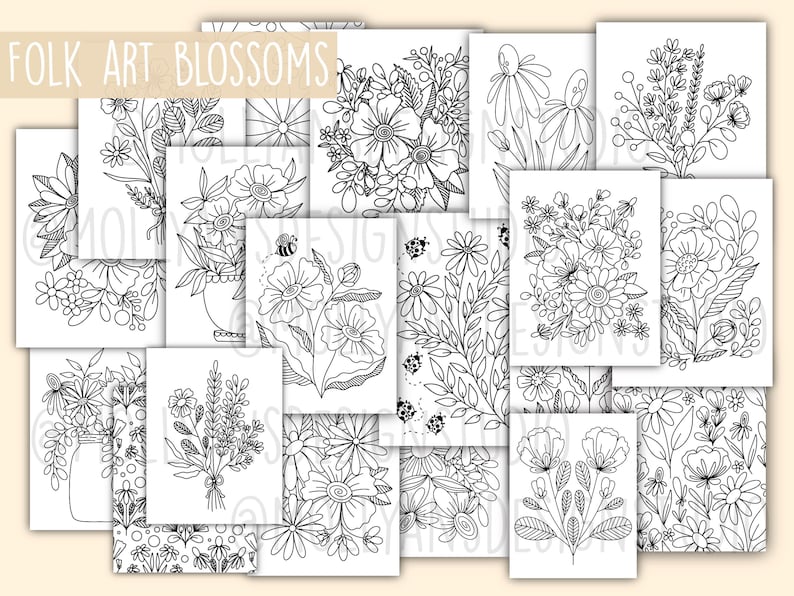May include: A collection of black and white floral illustrations, featuring various flower arrangements, bouquets, and individual blooms. The phrase "FOLK ART BLOSSOMS" is displayed at the top. The drawings are detailed and suitable for coloring or decorative purposes.