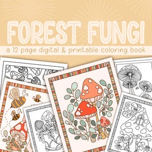Forest Fungi Digital Coloring Book, Printable Coloring Pages for Kids, Printable Coloring Book, Mushroom Coloring Pages, Botanical Coloring