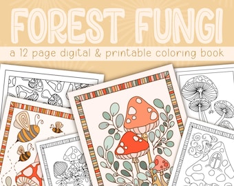 Forest Fungi Digital Coloring Book, Printable Coloring Pages for Kids, Printable Coloring Book, Mushroom Coloring Pages, Botanical Coloring