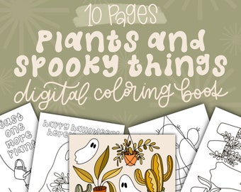 Plants and Spooky Things Digital Coloring Book, Friendly Halloween Printable Pages, Adult Coloring Pages, School Activity, Kid Coloring Book