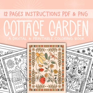 Cottage Garden Digital Coloring Book, Printable Coloring Pages, Adult Coloring Books, CottageCore Coloring, Printable Folk Art Coloring Book