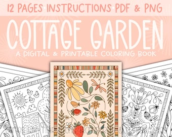 Cottage Garden Digital Coloring Book, Printable Coloring Pages, Adult Coloring Books, CottageCore Coloring, Printable Folk Art Coloring Book