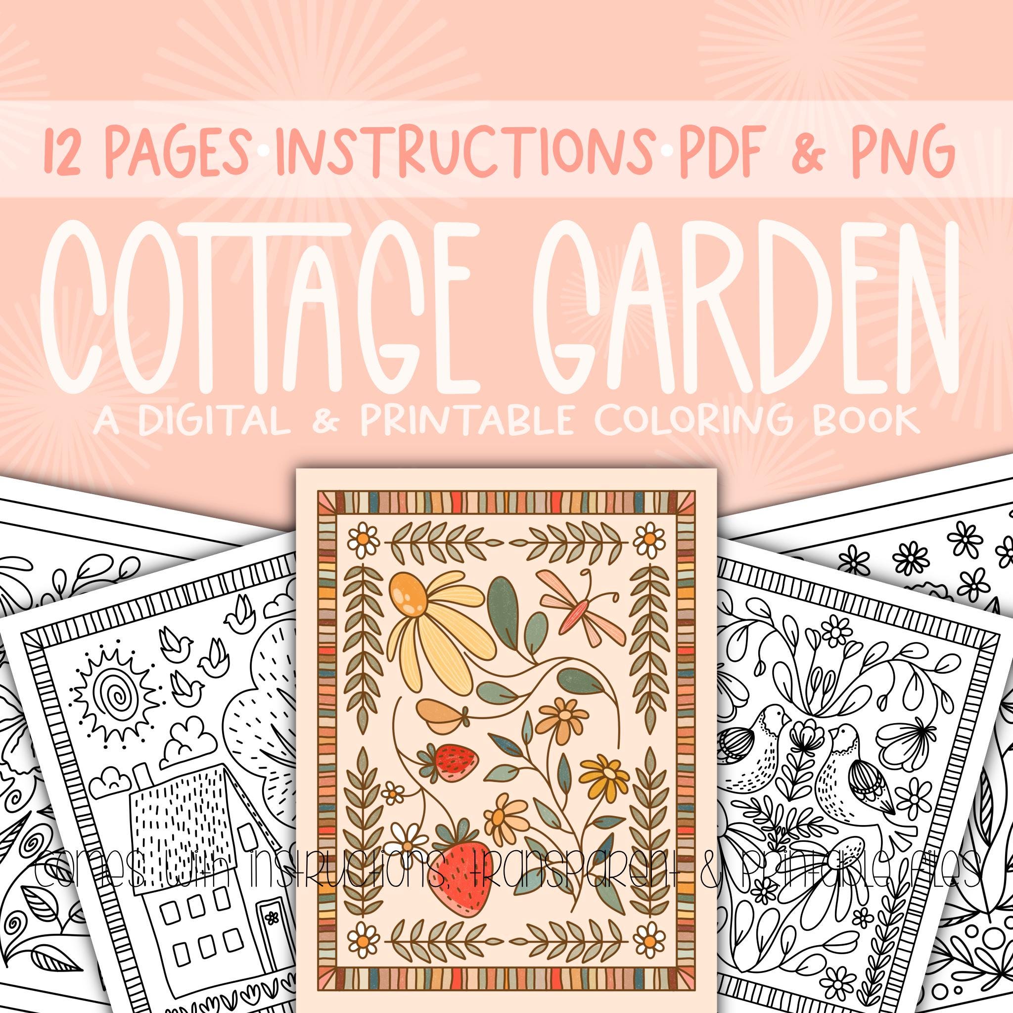 Libro de colorear digital Cottage Garden – Páginas de arte folk imprimibles para adultos y niños, paquete cottagecore