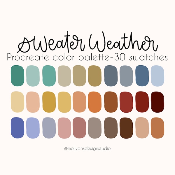 Sweater Weather Procreate Color Palette, 30 Swatches, Digital Download, Fall Colors, Boho Halloween Colors, Retro Fall Palette