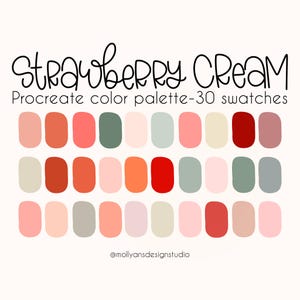 May include: A digital color palette with 30 swatches in shades of red, pink, beige, and green. The palette is titled "Strawberry Cream Procreate color palette - 30 swatches".