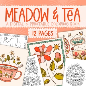 Meadow & Tea Digital Coloring Book, Garden Coloring Book,  Easy To Color Worksheets, Printable Folk Art Coloring Book, Adult Coloring Books