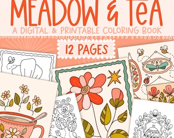 Meadow & Tea Digital Coloring Book, Garden Coloring Book,  Easy To Color Worksheets, Printable Folk Art Coloring Book, Adult Coloring Books