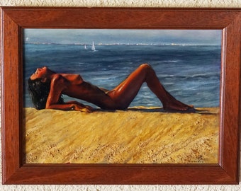 Travail original fait à la main à l’huile sur panneau d’une femme prenant un bain de soleil