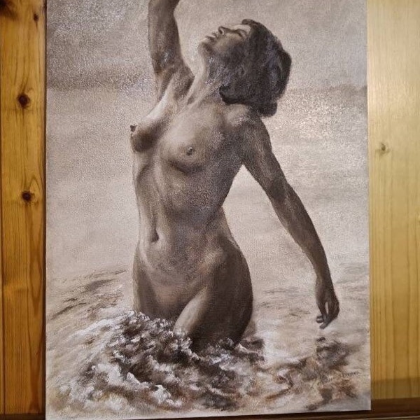 Obra hecha a mano en óleo sobre tabla que representa a una mujer emergiendo del mar