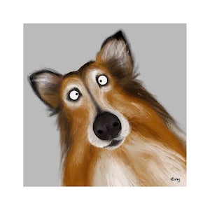 Op de afbeelding: Een digitale schildering van een bruine en witte Collie-hond met een verraste uitdrukking, kijkend omhoog en naar links. De hond heeft grote, ronde ogen en een lange, pluche staart. De achtergrond is lichtgrijs.