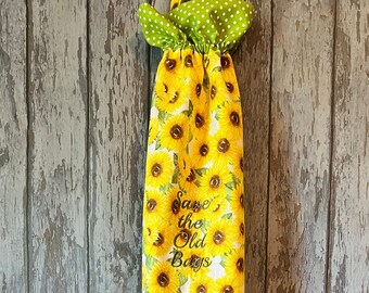 Plastic bag holder or dispenser, a place to store grocery bags, keeps them tidy and organized, Hang on doorknob or a hook, Emboridery on bag