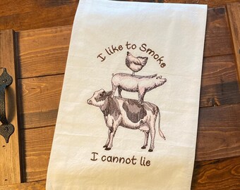 Cow, chicken, and a pig embroidered on a kitchen towel. BBQ Smoker Gift
