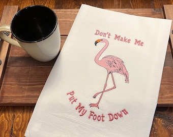 Embroidered Pink Flamingo on a flour sack Towel: Funny Kitchen Decor