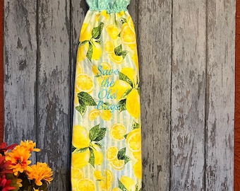Plastic Bag Holder: Embroidered on Lemon Fabric, Kitchen Storage Sack