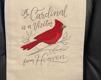 Red Cardinal embroidered on a kitchen towel.  Flour Sack Towel: Memorial Gift