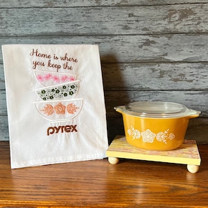 Vintage Pyrex embroidered towel; Three Pyrex bowls on a flour sack towel. Pyrex collector, Pink Daisy, Spring Blossom, Butterfly Gold, gift