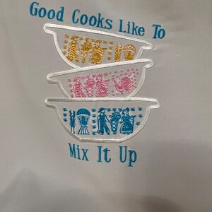Amish Butterprint Pyrex Mixing Bowls Embroidered on a White Apron ...