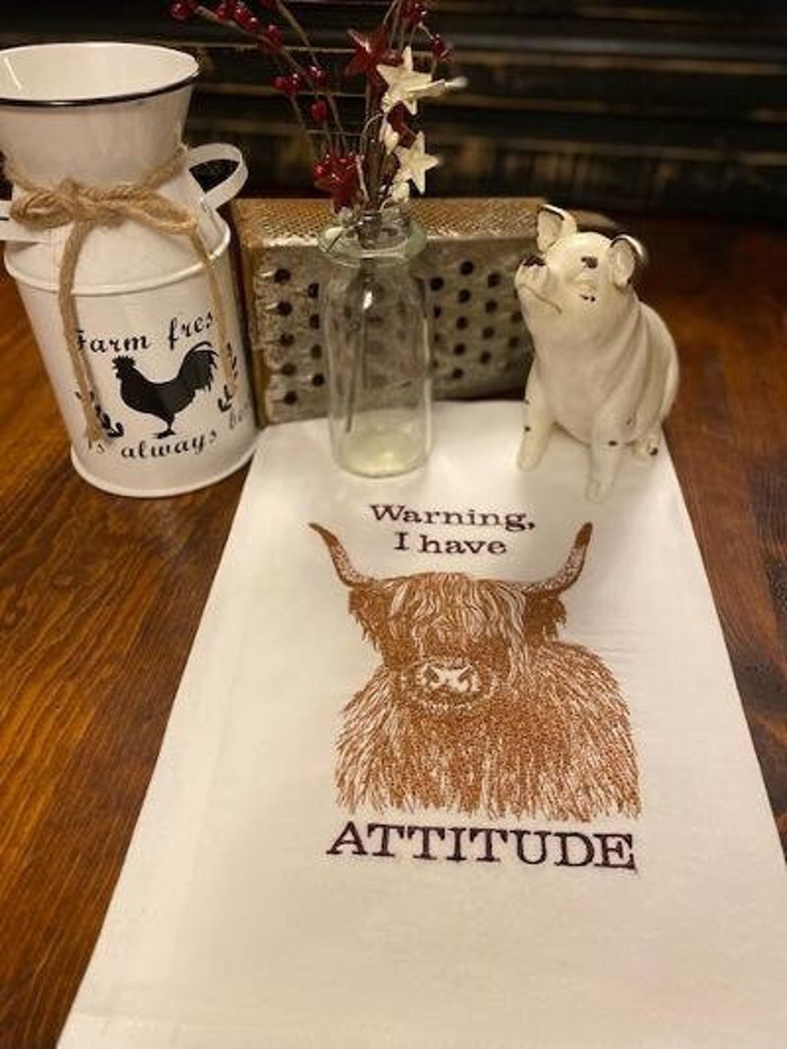 Highland Cow Towel, Embroidered Highland Cow Towel, Kitchen Cow Decor