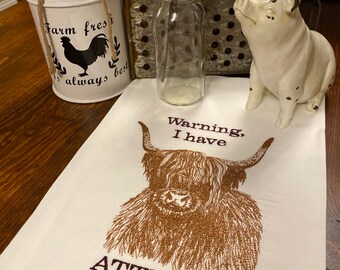 Highland Cow Embroidered on a  Flour Sack Towel: Farmhouse Kitchen Decor