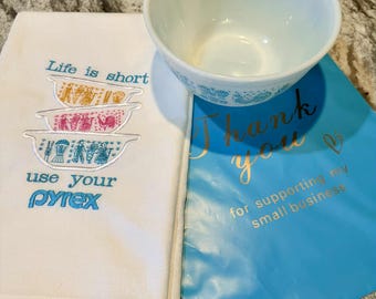 Embroidered Vintage Pyrex Flour Sack Towel: Butterprint Pattern, Pyrex Kitchen Decor