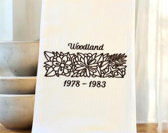 Pyrex and Corelle Woodland design embroidered on a flour sack towel.