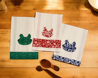 Vintage Hen in a basket, Hen on a nest, embroidered Kitchen Flour Sack Towel,