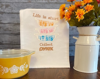 Vintage Pyrex Design embroidered on a Flour Sack Towel: Butterprint pattern,  Kitchen Decor