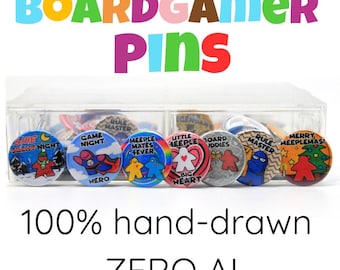 Hand-Drawn Board Game Pins | Meeple, Dice & Card Badge | 100% Human-Made Gamer Gift, Tabletop Accessory