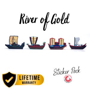 May include: Four miniature wooden boats with vibrant sails and hulls are displayed against a white backdrop. The text "River of Gold" is written above the boats in a cursive font. The words "Sticker Pack" are written below the boats.