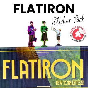 Peut inclure: Un paquet d'autocollants avec le mot "FLATIRON" en grandes lettres noires au-dessus de trois autocollants de personnages. Les autocollants représentent des personnes en tenue de travail. Les mots "Sticker Pack" sont en cursive. Un autocollant rouge et blanc avec une personne est à droite.