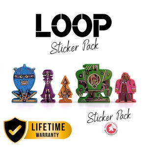 以下が含まれることがあります： 「LOOP」ステッカーパックのカラフルなキャラクターのステッカーのコレクション。ステッカーには、青いロボット、紫色のフィギュア、オレンジ色のフード付きキャラクター、緑色のロボット、ピンク色の人物など、さまざまなデザインが施されています。「LOOP」と「Sticker Pack」の文字が表示されています。