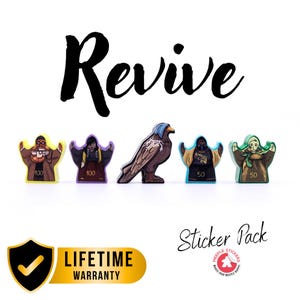 Peut inclure: Un pack d'autocollants avec le mot "Revive" en script noir au-dessus de cinq figurines illustrées et d'un aigle. Les figurines sont de différentes couleurs, avec des valeurs de points. Les mots "Sticker Pack" sont en script. Un bouclier or et noir avec une coche et "Garantie à vie" sont inclus.