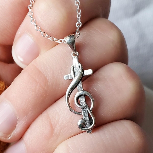 s925 STERLING SILVER treble clef cross necklace | unique music jewelry | Christian accessory | minimalistic necklace | faith jewelry |