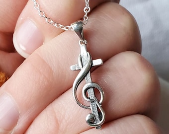 s925 STERLING SILVER treble clef cross necklace | unique music jewelry | Christian accessory | minimalistic necklace | faith jewelry |