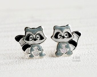 Raccoon stud earrings | s925 sterling silver | **hypoallergenic animal-themed jewelry | curious raccoons | miniature animal accessories