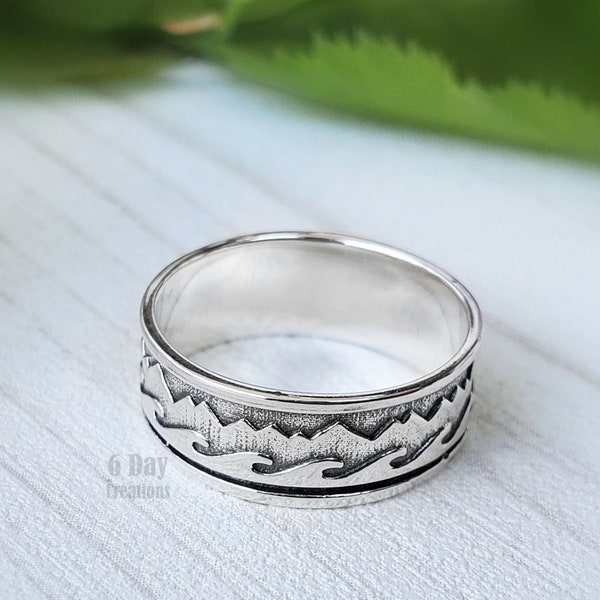 Sterling Silver Mountain Ring |  Psalm 121 | Faith Inspired Jewelry | Scripture gift | detailed mountain scene | sunshine over snowy peak