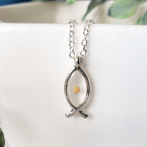 Mustard seed necklace | .925 sterling silver plated chain | handmade faith jewelry | minimalistic Jesus fish | Matthew 17:20 | believer gift