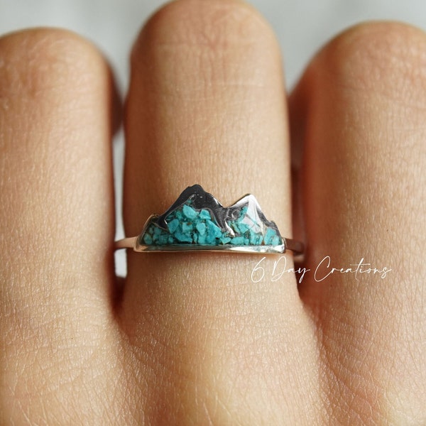 Genuine Turquoise ring | .925 sterling silver | unique crushed stones | hypoallergenic | boho statement jewelry | detailed | mountain shape